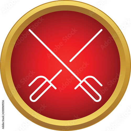 Crossed rapier swords outline inside a golden framed red circle representing conflict