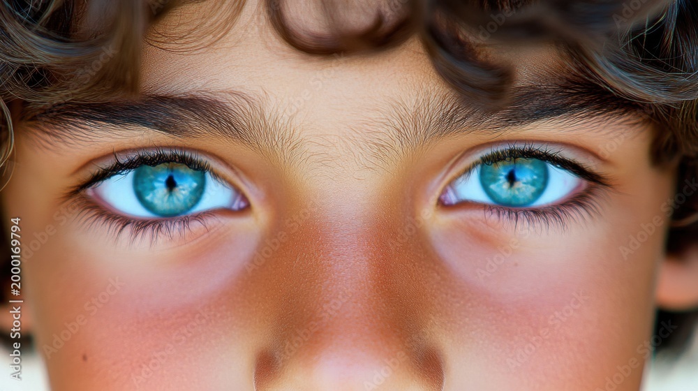Fototapeta premium Intense Blue Eyes Stare Directly At The Camera With Curly Hair Nearby