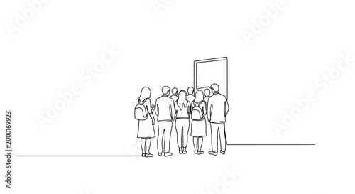 People waiting in line at doorway against plain background
