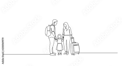 Travelers with child and suitcase waiting against plain background