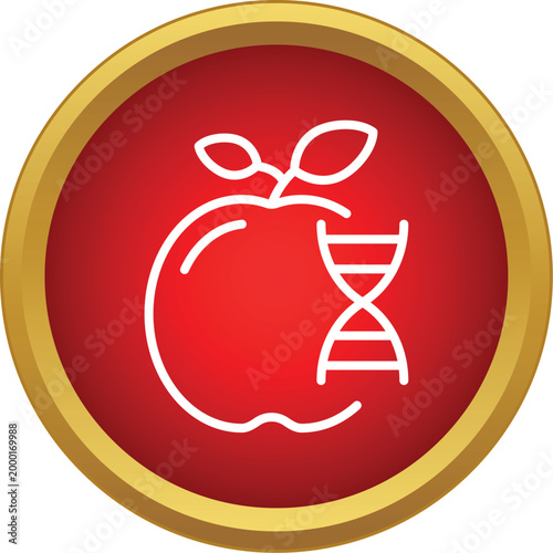 Red circle icon outlining an apple with a dna helix, representing biotechnology and gmo food