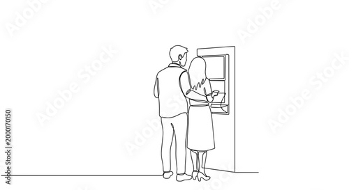 Couple using self service kiosk interacting with screen background