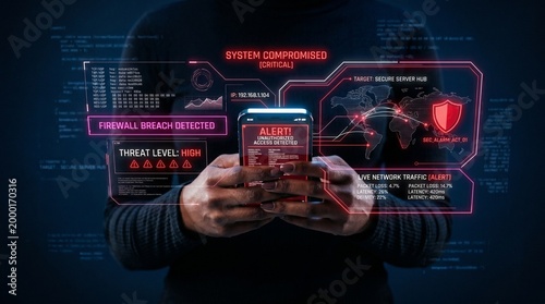 Person holding smartphone with security alerts on digital interface  