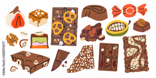 Chocolate and sweets stickers collection in cartoon doodle style. Chocolate bars with nuts, pretzels, cocoa beans, candies. Vector set of delicious desserts and confectionery