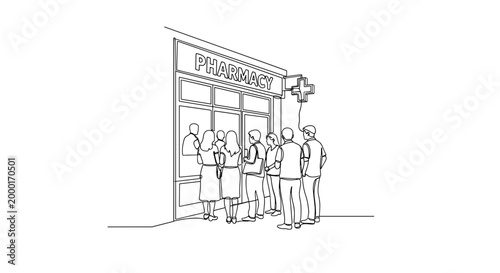 People waiting at pharmacy entrance against urban background