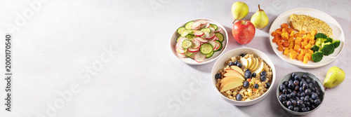 Obraz na plátně Web banner with balanced meal set with chicken, sweet potato, broccoli, diabetes