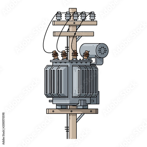 Electrical Transformer on Wooden Pole with Wires and Insulators - Vector Illustration