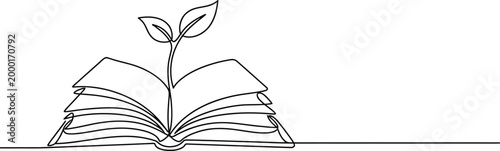 Continuous line drawing of plant sprout growing from open book