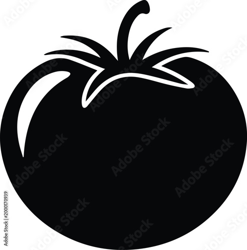Minimalist black fresh round ripe tomato with stem vegetable silhouette vector icon