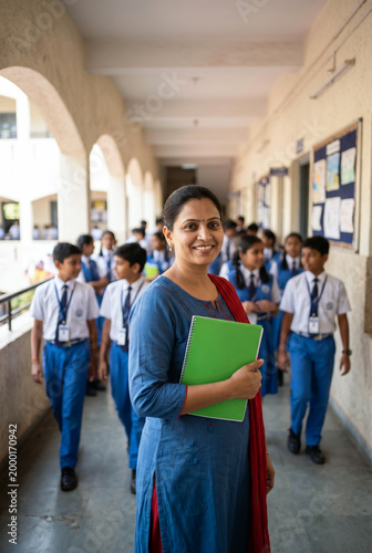 Indian school teacher holding notebook in corridor with students, education and discipline concept, smiling educator supervising school children in uniform