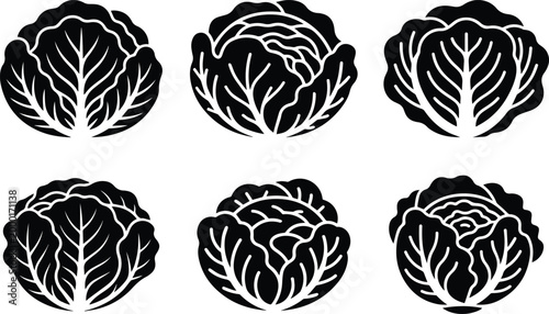 Minimalist set of black crispy fresh cabbage head vegetable silhouette vector icon