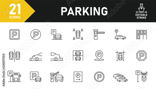 Parking line icon set. Set of 21 outline icons related to parking area, no parking, traffic, roadsign and others. Editable stroke. Vector illustration.