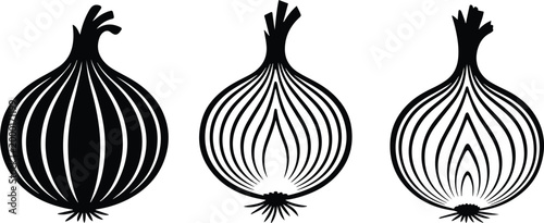 Minimalist  set of black whole raw red onion with skin vegetable silhouette vector icon