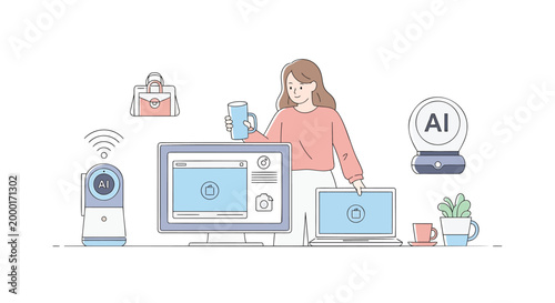 Flat design woman working with AI technology, smart home devices, and wireless internet, modern workspace with computer, laptop, and mobile