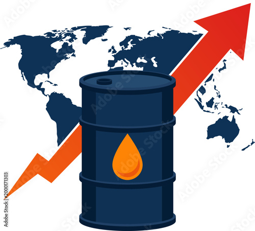 Rising oil price concept, global fuel cost increase with oil barrel and upward arrow, energy market and economic impact vector illustration