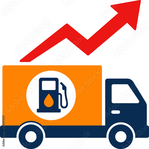 Fuel price increase concept, oil cost rising with delivery truck and gas pump icon, logistics and transportation cost vector illustration