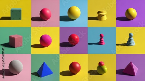 Colorful 3D Shapes and Objects Grid Arrangement.