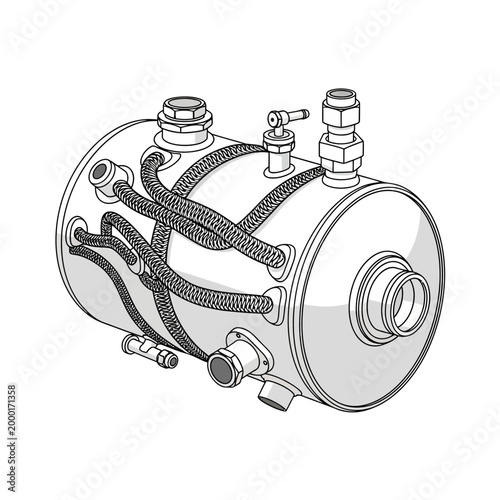 Industrial boiler tank with pipes and valves illustration, schematic drawing