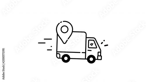 Delivery truck animation with a location pin suitable for logistics, transportation, delivery services, tracking apps, and digital maps.