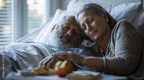 Elderly couple sleeping in hospital bed