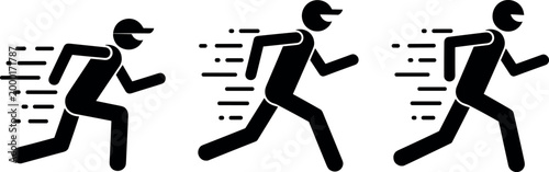 Black Running Stick Figure Icon Set with Speed Motion Lines for Sport, Fitness, Marathon, Exercise, Race, Delivery, Workout and Active Movement Illustrations