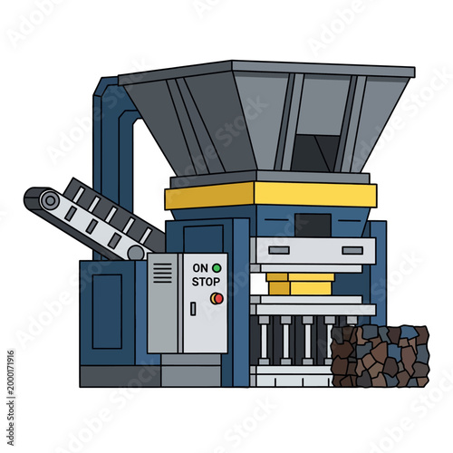 Industrial machine pressing materials into blocks on conveyor belt, factory equipment illustration