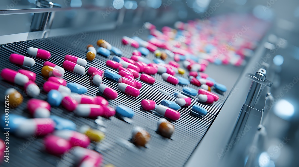 Obraz premium Automated pill manufacturing process, conveyor belt with capsules and tablets, robotic system, sterile pharma factory,