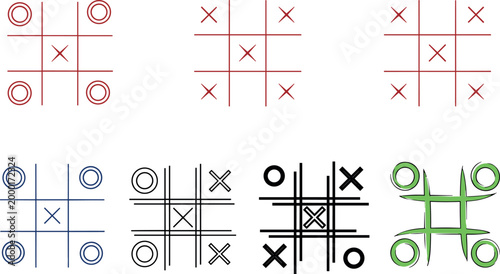 Colorful Tic Tac Toe Game Icon Set with X and O Grid Variations for Play, Fun, Strategy, Board Game, Children, Recreation and Puzzle Illustration Designs