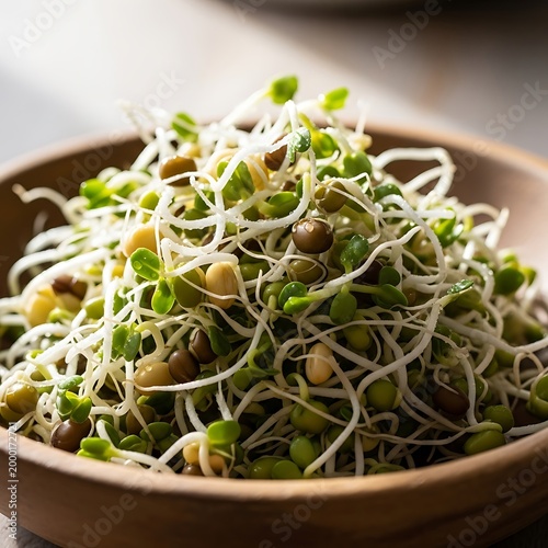 Freshly sprouted mixed seeds fill a wooden bowl in natural light