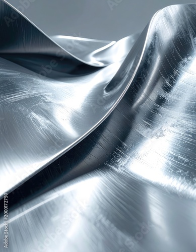 A close-up abstract image showcases flowing, sculpted silver metal with dynamic curves and reflective surfaces, creating a sense of modern design and fluid motion.