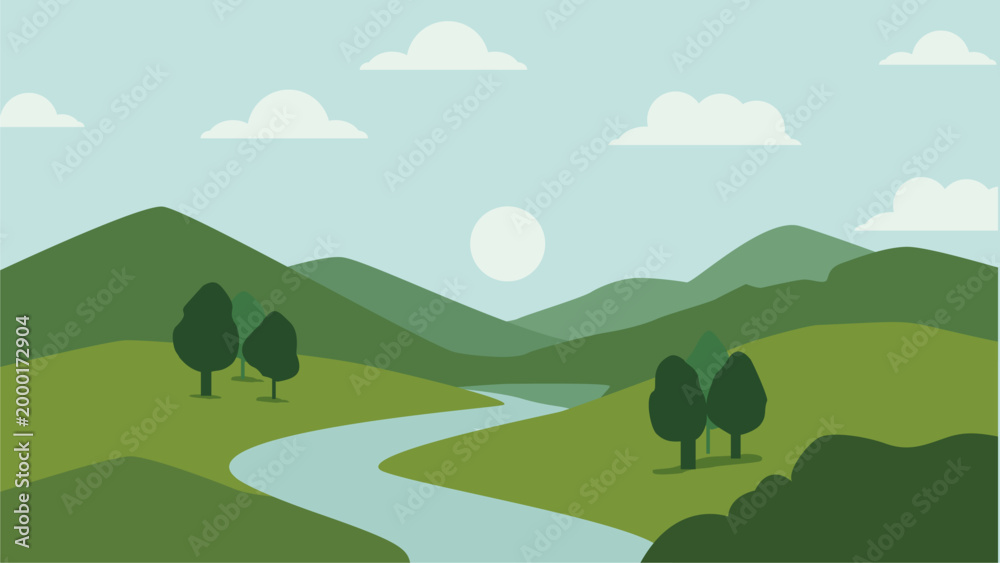 Fototapeta premium Minimalist nature landscape vector featuring rolling green hills, a winding blue river, and distant mountains under a cloudy sky
