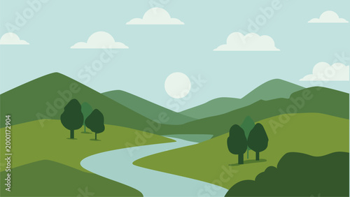 Minimalist nature landscape vector featuring rolling green hills, a winding blue river, and distant mountains under a cloudy sky
