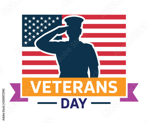 Silhouette of soldier saluting against American flag and Veterans Day text.