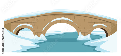 Stone bridge with snow covered arches over icy water.