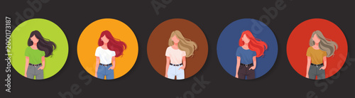 Faceless woman avatars set in round frames flat style vector illustration.