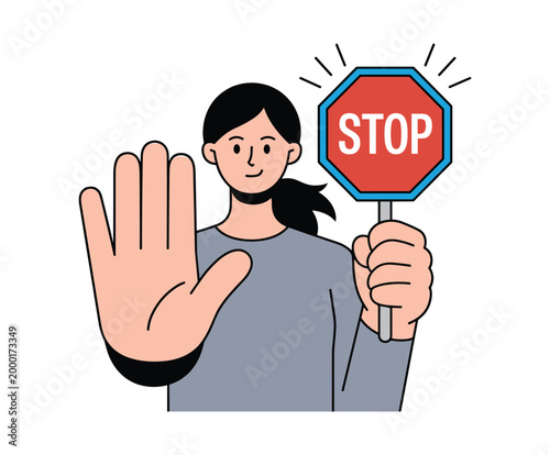 Woman holding stop sign and raising hand in rejection.