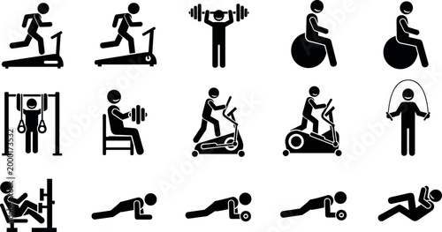 Black Fitness Gym Workout Silhouette Icon Set with Treadmill, Weights, Exercise Bike, Elliptical, Pushups for Health, Sport, Training and Bodybuilding Designs