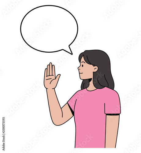 Woman with dark hair in pink shirt raising hand with speech bubble.