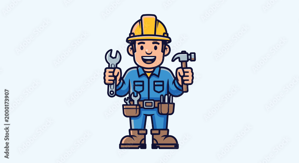Obraz premium Charming cartoon illustration of a smiling construction worker holding tools ready for repairs and building projects