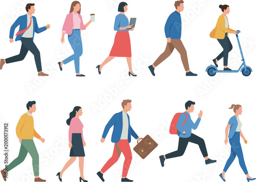 Konstfotografi Diverse group of business people and commuters walking running and riding electr