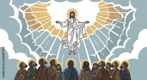 Jesus christ ascending to heaven with disciples below in cloud formation