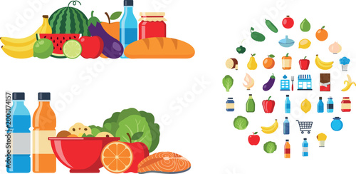 Healthy Grocery Food Vector Set with Fruits, Vegetables, Bread, Fish, Drinks for Supermarket, Nutrition, Diet, Shopping and Organic Lifestyle Designs