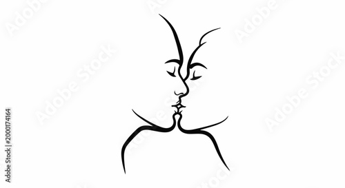 Abstract line art depicts two profiles kissing, evoking intimacy and passion