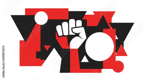 Bold graphic design with raised fist and geometric shapes in red black and white for protest or activism concepts
