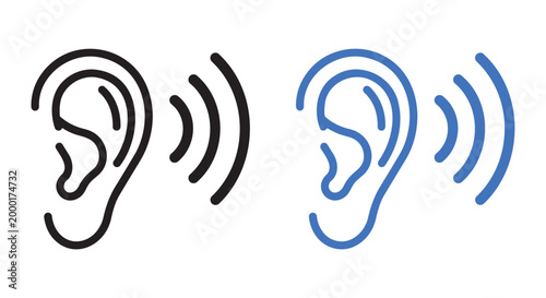 Human ear illustration black and blue line art depicting auditory perception