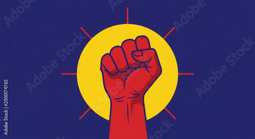 Raised fist with yellow sun on dark blue background symbolizing protest and hope