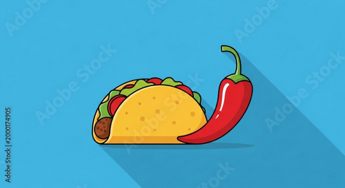 Colorful taco with chili pepper on blue background mexican food illustration