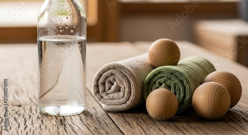 Chilled water bottle rests beside rolled textile cloths and wooden spheres on rustic surface