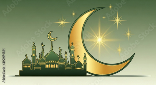 Golden crescent moon and stars shine brightly in night sky above mosque silhouette with domes and minarets