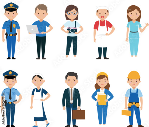 Set of diverse cartoon characters representing various occupations and professions including police officer chef doctor engineer and businessman